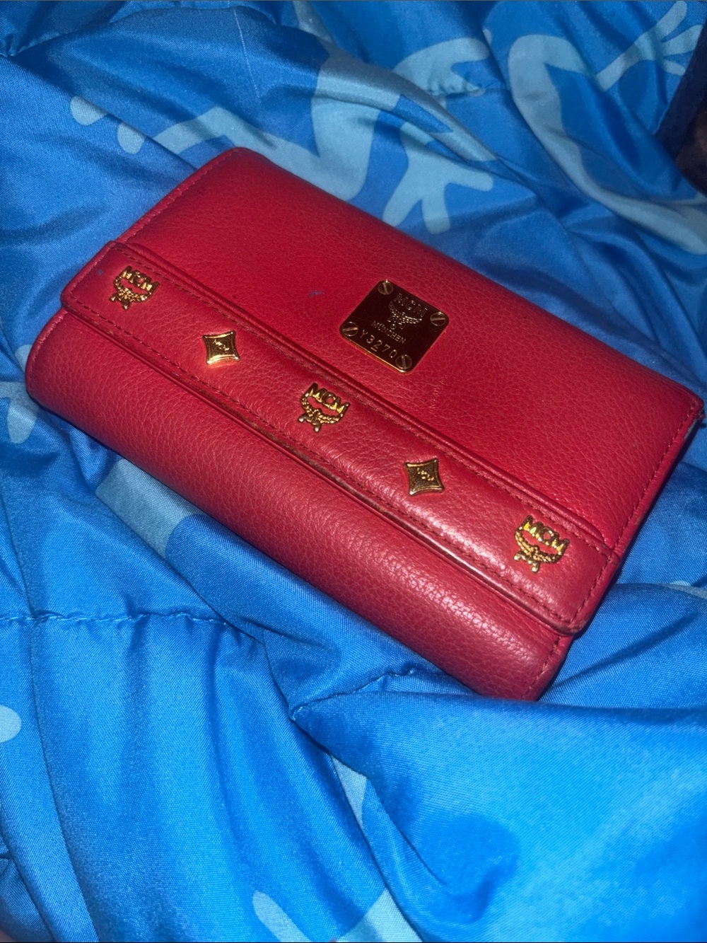 MCM Red Leather Gold-Stud Continental Wallet